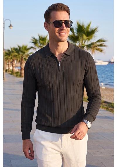 Rizzup Erkek Slim Fit Dokulu Siyah Triko Kazak Fermuarlı Polo Yaka Likralı Esnek 2708505