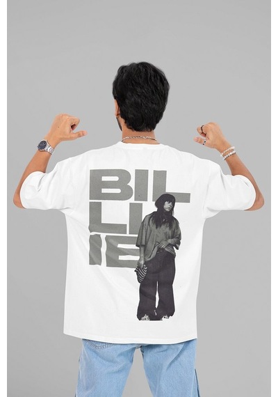 Sevbano Billie Eilish Tasarım Arka Baskılı Unisex Oversize Şarkıcı Tişört Beyaz