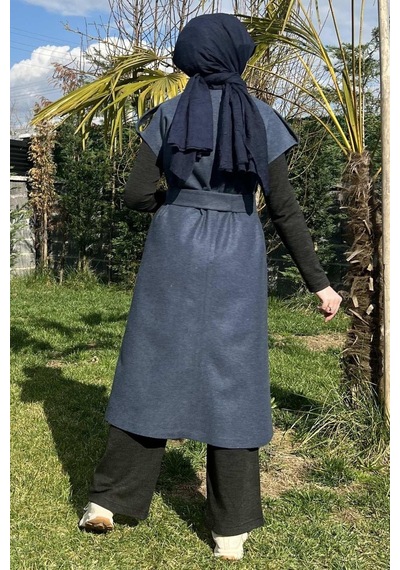 Rabia Şamlı Apoletli İndigo Yelek Normal