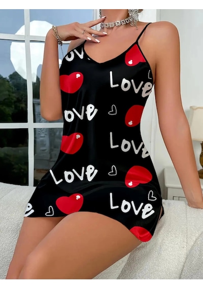 Leyna Love Desenli Siyah Saten Gecelik Çok Renki