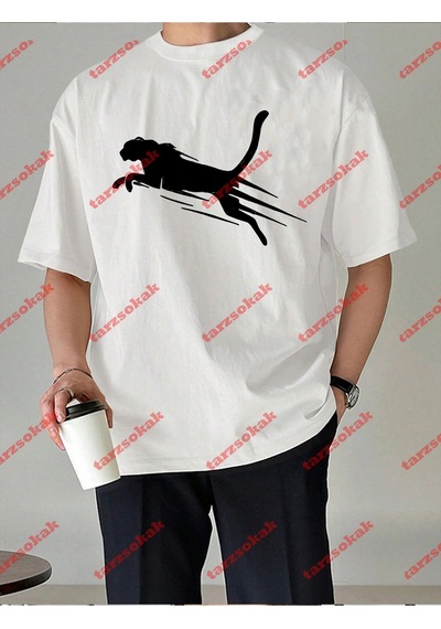 Tarzsokak Unisex Jaguar Baskılı Tshirt Beyaz Beyaz