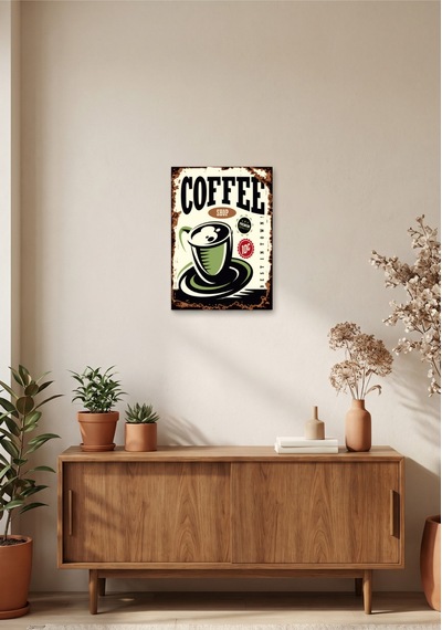 Coffee Shop Retro Tablo Vintage Kahve Temalı Dekoratif Poster Ahşap & Metal Duvar Tablosu