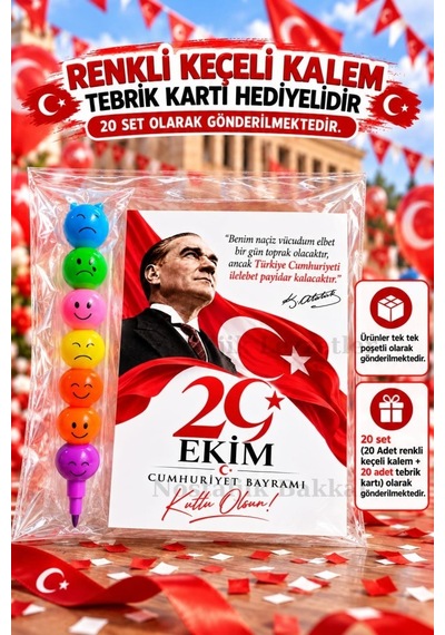 29 Ekim Cumhuriyet Bayramı 20 Adet Renkli Keçeli Kalem Tebrik Kartı Hediye Seti