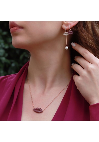 Zirkon Taşlı Dudak Figürlü Rose Gold Kaplama Asansör Zincirli Gümüş Set Gümüş