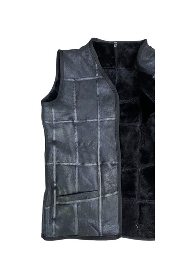 Lnleather Patchwork Içi Kürk-Dışı Süet Hakiki Deri Biye Detaylı Yelek Siyah