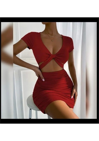 Pink Life Kırmızı V Yaka Hollow Out Wrap Hip Kısa Kollu Mini Elbise-kırmızı