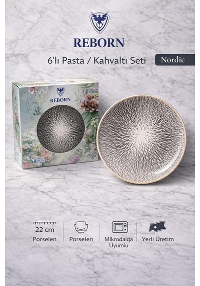 Reborn Kutulu 6'li Porselen Pasta/kahvaltı Tabağı Seti 22 Cm Hediyelik & Çeyiz & Yeni Ev Nordıc Çok Renkli