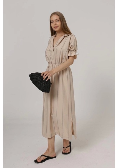 Defymoda Beli Lastikli Elbise - Taş Taş