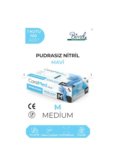 Coremed Nitril Mavi Pudrasız Muayene Eldiveni M - 1 Paket 100 Lü