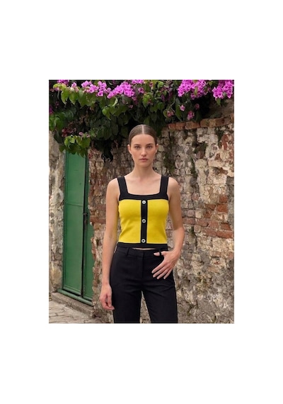 Onno Style Women Kolsuz Askılı Düğme Detaylı Kadın Triko Bluz Sarı