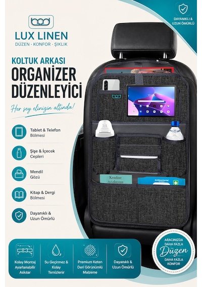 Bod Lux Linen Serisi Keten Koltuk Arkası Düzenleyici Araç İçi Organizer Siyah