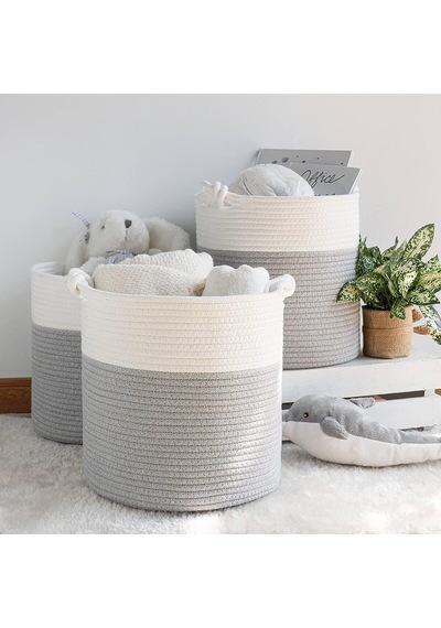 Mavaux Chang Örgü Saplı 3'lü Saplı Sepet, Düzenleyici 3'lü Sepet, Hasır Dokuma Sepet 30cm X 30cm Gribeyaz