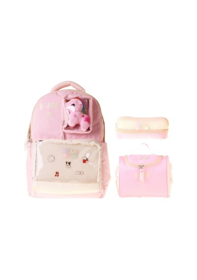 Calacilo K-pop Pink Pembe Peluş Aksesuarlı Pembe Kız Çocuk Üçlü İlkokul Okul Çantası Seti - Setcc-c4107a