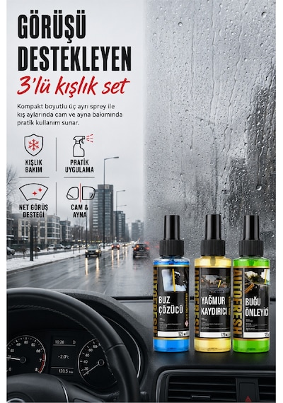 Kışlık 3'lü Oto Bakım Sprey Set Buğu Önleyici Buz Cözücü Yağmur Kaydırıcı 3x125ml