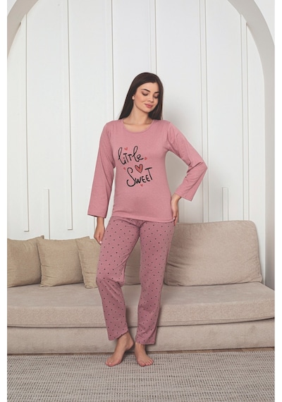 Kadın Baskı Detaylı Uzun Kollu Kalp Desenli Pijama Takım Pembe