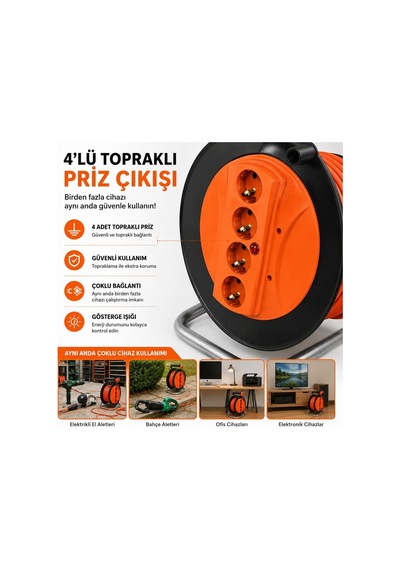 Makaralı Uzatma Kablosu 3x2.5mm- 20m/30m/40m/50m Güçlü Ve Dayanıklı 40 Metre