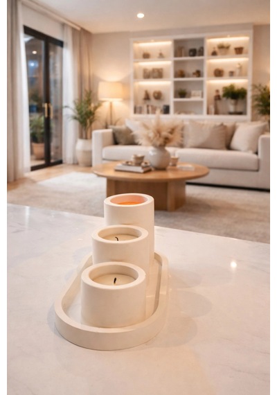 Minimal 3lü Dekoratif Mum Seti Tepsi Ve 3 Adet Tealight Mum Dahildir Beyaz - 822473963 Beyaz