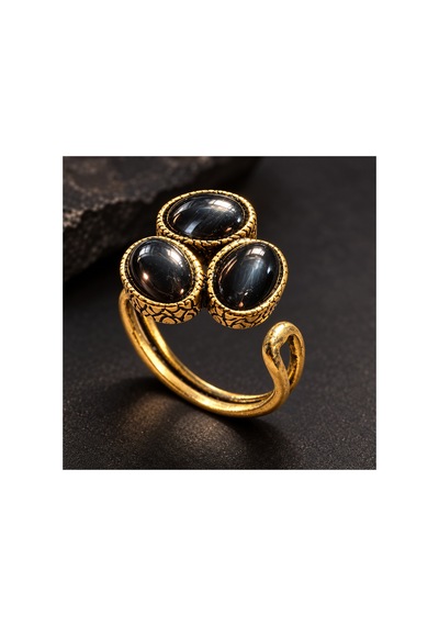 Esoo Jewelry Doğal Taş Detaylı 3 Taşlı Vintage Gold Ayarlanabilir Kadın Yüzük - Siyah