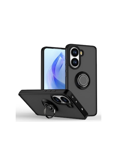 Vivo Y03 Uyumlu Kılıf Yüzüklü Standlı Extra Darbe Koruma Sert Silikon Kapak - Siyah Siyah
