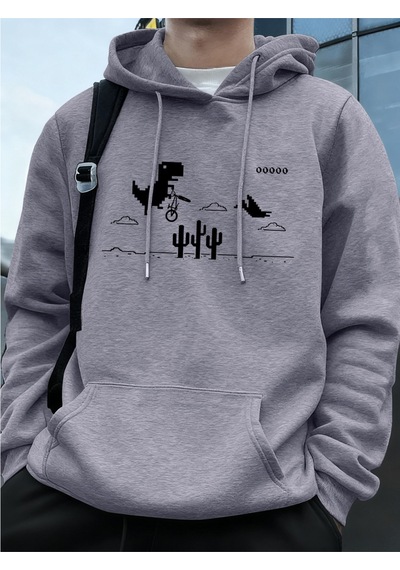 Startmore Startmoredinozorlar Kaktüs Üzerinde Baskılı Erkek Kapüşonlu Üstü Sonbahar Cepli Sweatshirt Temel Polar Gri