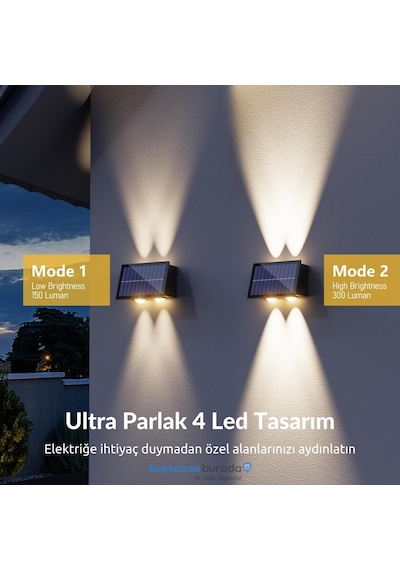 Technosmart 2adet Güneş Enerjili Çift Taraflı 4 Ledli Aplik Sarı Işık Duvar Lambası Bahçe Aydınlatma