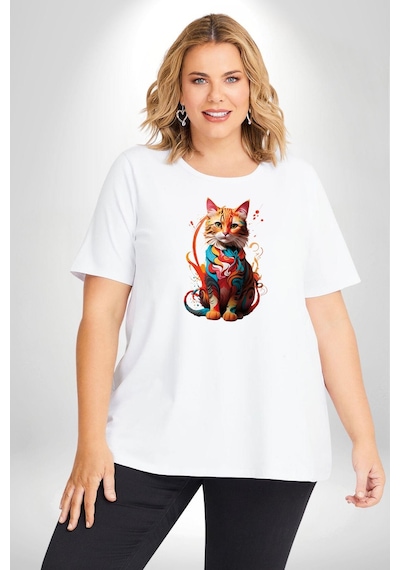 Angemiel Renkli Yağlı Boya Kedi Beyaz Büyük Beden Kadın Erkek Ünisex Basic Ön Baskılı Tişört Beyaz