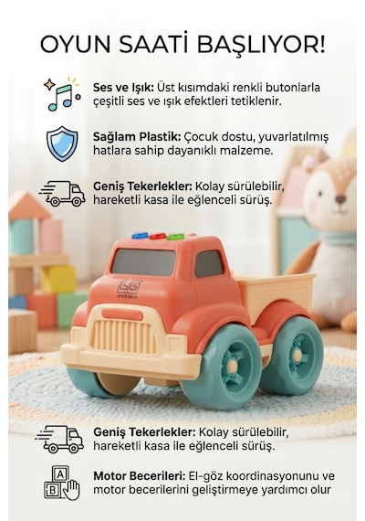 İlk Kamyonum Sesli Ve Işıklı - Renkli Butonlu Güvenli Motor Becerisi Geliştirici Oyuncak Kamyon Çok Renkli
