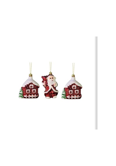 Yılbaşı Süsü 3'lü Noel Baba Ve Ev Kırmızı 6 Cm