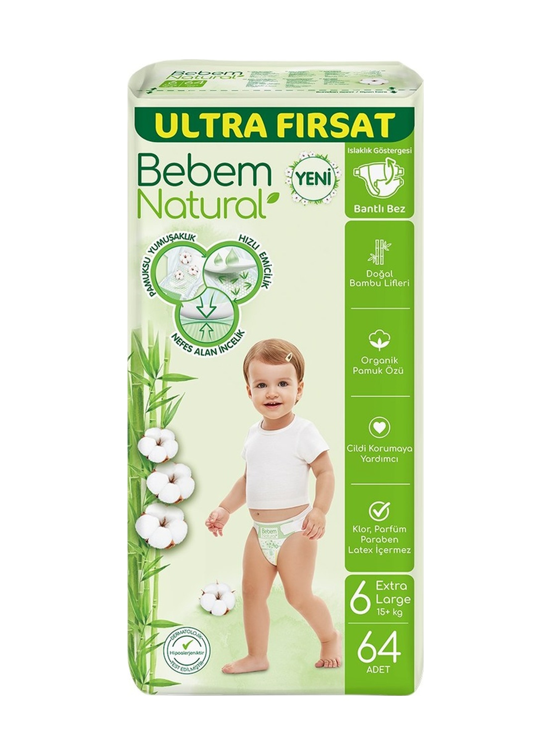 Bebem Natural Ultra Fırsat Bebek Bezi Extra Large 64'lü Bambu Ve Organik Pamuk Tarı XL