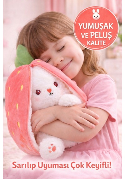 Pembe Çilek Tavşan Peluş Oyuncak 35 Cm Dönüşebilen Çilek Tavşan Yumuşak Peluş Çocuk Hediyesi Diğer