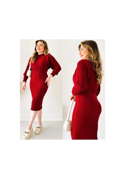 Flex Fashıon Triko Kumaş Elbise Kazak 2 Li Takım Kırmızı - 900818575 Kırmızı - 900818575 Kırmızı