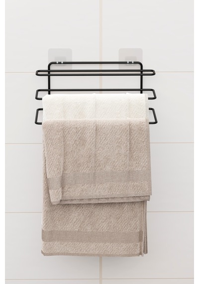 Yapışkanlı 3 Katlı Havlu Asıcı Raf Banyo Düzenleyici Metal Havlu Tutacağı Organizer Havluluk Rafı Siyah