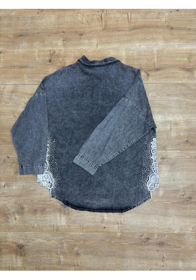 Büyük Beden Yakalı Düğmeli Tunik Gömlekli Paçası Dantel Detaylı Denim Kadın İkili Takım Gri