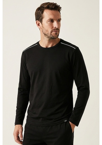 Elemge %100 Pamuk Süprem Uzun Kollu Pijama Üstü Erkek T-shirt Compact Penye Rahat Kalıp Tok Kumaş Siyah