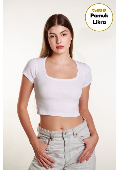 Mea Capio Kadın Fitilli Crop Kare Yaka Fitilli Kısa Kollu T-shirt Atlet Beyaz