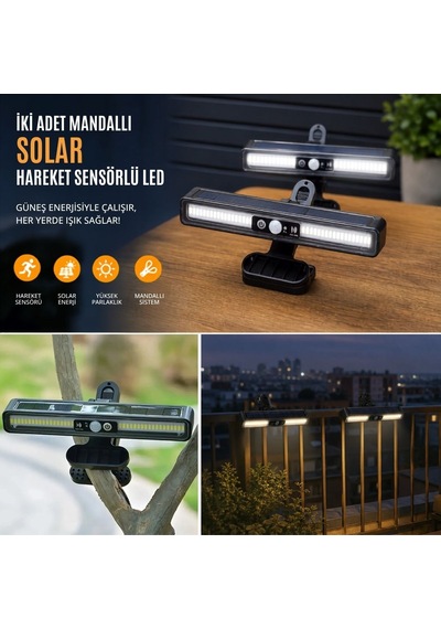 Buffer 2 Adet 36 Led Mandallı Solar Lamba, Güneş Enerjili, Hareket Sensörlü, 3 Modlu, Kıskaçlı Kablosuz Dış 11
