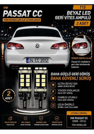 Vw Passat Cc 2008-2016 Uyumlu T15 W16w Beyaz Led Geri Vites Ampulü Canbus 2 Adet