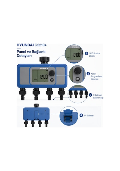 Hyundai G22104 Dijital Sulama Zamanlayıcısı 4 Bölge 4 Çıkışlı Bahçe Sulama Timer