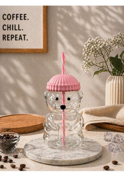 Cam Ayıcık Pipetli Soğuk İçecek Kahve Bardağı Bear Bardak 550 Ml Pembe