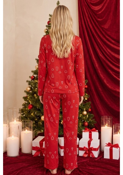 Siyah İnci Yılbaşı Temalı Desenli Termal Kumaşlı Ultra Soft Yumuşak Örme Pijama Takımı 26226315 Kırmızı