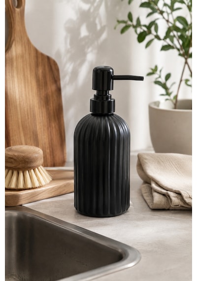 Vovy Çizgili Cam Sabunluk 500 Ml Siyah Pompalı Modern Sıvı Sabun Ve Deterjan Dispenseri - 18,5 Cm X 7 Cm