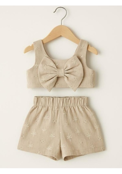 Zekids Kız Çocuk Crop Müslin Şortlu Takım-15972 Bej