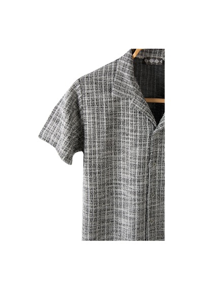 Erkek Antrasit Kısa Kollu Slim Fit Çizgi Desenli Pamuklu Yazlık Gömlek Füme