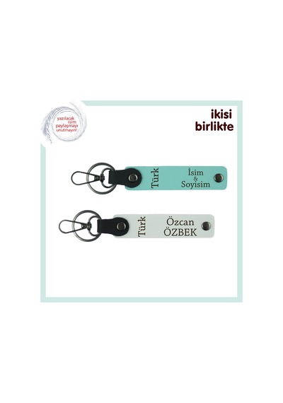 Unutulmaz Hediye Türk Yazısı Kişiselleştirilebilir Anahtarlık X2 Set, Turkuaz-beyaz