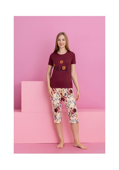Rindahomewear Kadın Kapri Kısa Kol Vıskon Çiçek Baskı Pijama Takım Bordo