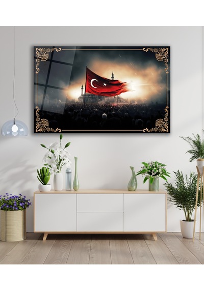 Dalgalanan Türk Bayrağı Ve Cami Cam Tablo , Modern Ev Ofis Salon Duvar Dekoru Büyük Tablo ,hediyelik