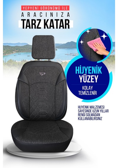 Siyah - Füme Panda Bremen Serısı Keten Kumaş Oto Koltuk Kılıfı - Tam Set
