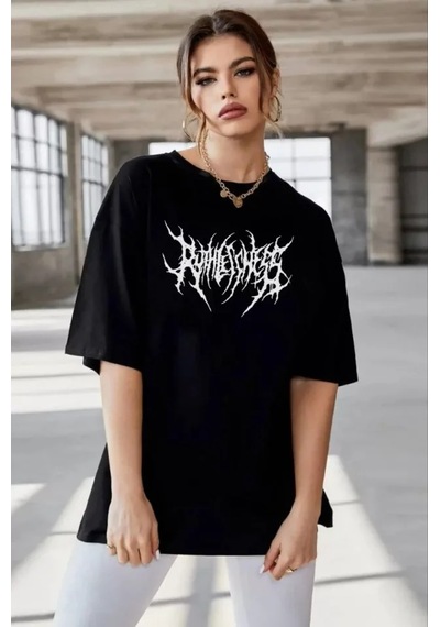 Modi Unisex Bisiklet Yaka Baskılı Oversize T-shirt - Siyah - Mymg104408