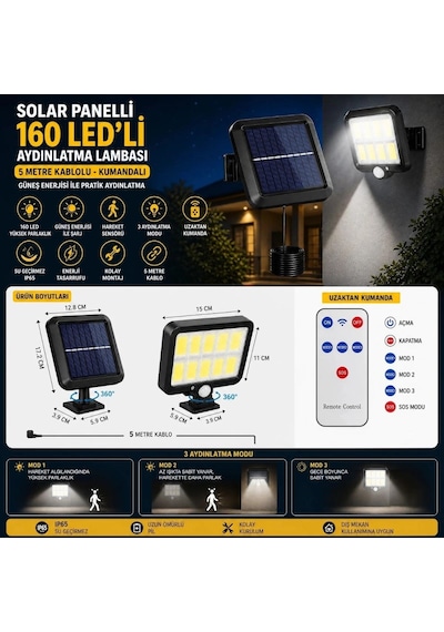 160 Led Solar Bahçe Aydınlatması, 6&amp Apos Lı Güneş Panelli Led Lamba, 5 Metre Kablolu Ve Kumandal