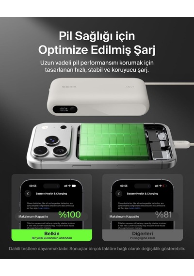 Belkin Bpb030hqsa Ultracharge 20000mah 45w Dahili Usb-c Kablolu Dijital Göstergeli Powerbank - Kum Rengi Siyah